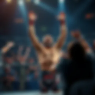 A fighter raises their arms in celebration after winning a match, surrounded by cheering fans and an excited crowd.