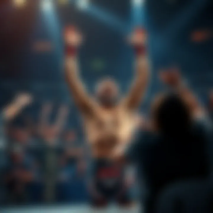 A fighter raises their arms in celebration after winning a match, surrounded by cheering fans and an excited crowd.
