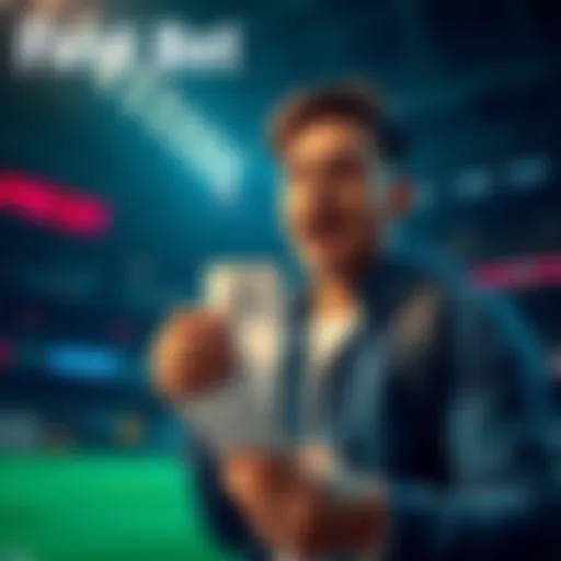 A person excitedly placing a bet with cash in hand, looking at a betting slip, symbolizing their first betting experience.