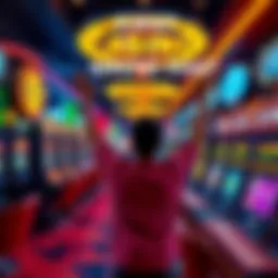 A person excitedly entering a casino in Detroit, looking at colorful slot machines and gaming tables.