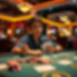 A young person playing blackjack at a casino table, looking excited and unsure, with chips and cards in hand.