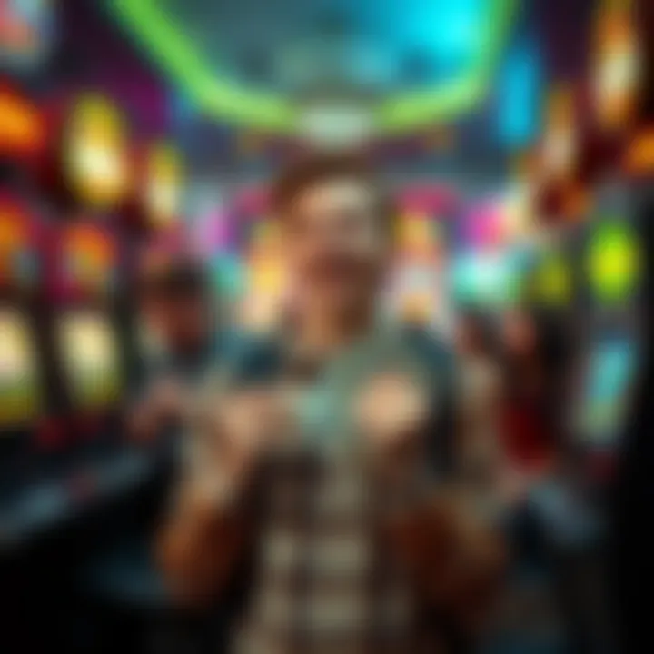 A young person looks surprised and happy while holding cash in a casino, surrounded by colorful slot machines and friends showing concern.