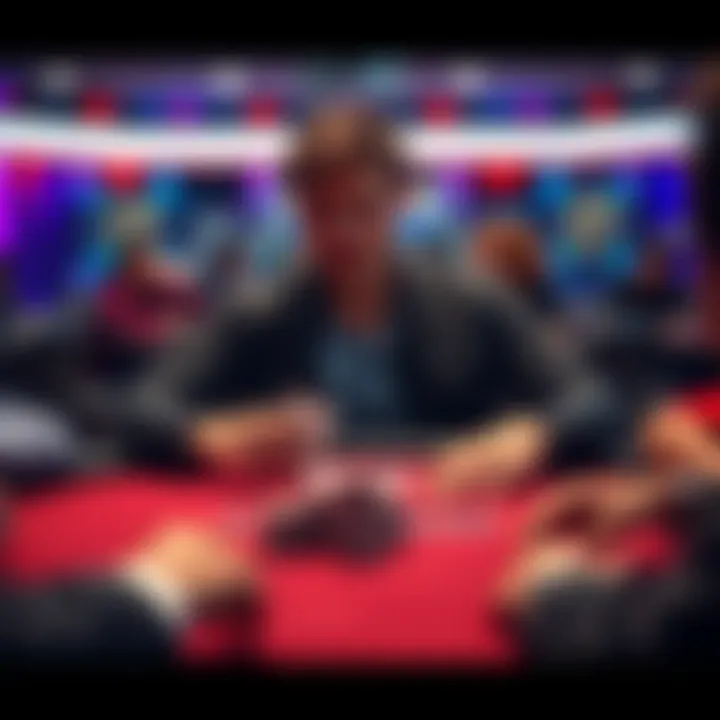 A player sitting at a poker table focused on their cards, surrounded by chips and other players.