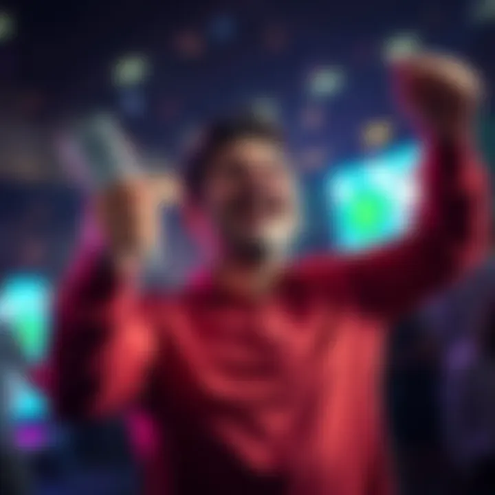 A happy person celebrating after winning money from online betting, showing excitement and joy.
