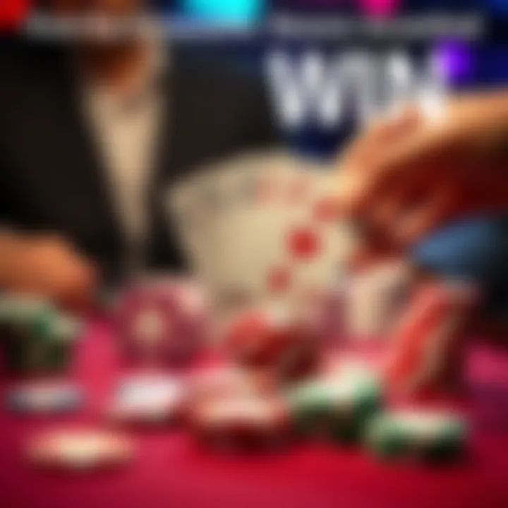 A close-up of poker chips and a hand holding a winning card with trip fives at a poker table