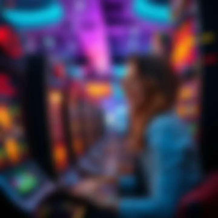 A person excitedly playing a slot machine in a casino, showing a mix of joy and surprise after winning a prize