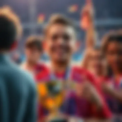 A smiling young athlete holding a trophy, celebrating their first tournament victory, surrounded by friends and supporters.