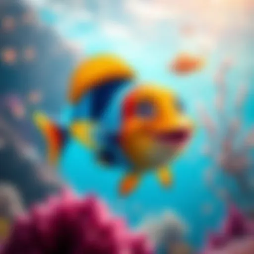 A colorful fish character with playful features swimming in a vibrant underwater scene.