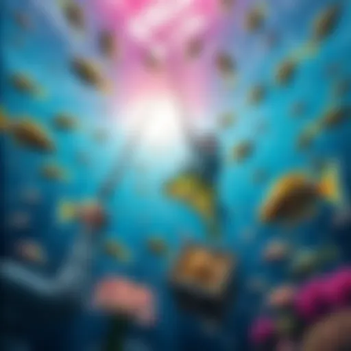 A person fishing with a rod in a vibrant underwater scene filled with colorful fish and treasures, representing the excitement of winning big in Big Bass Bonanza.