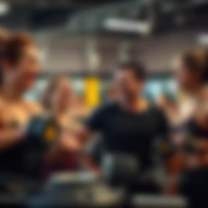 A group of people working out together, smiling and encouraging each other in a gym setting.
