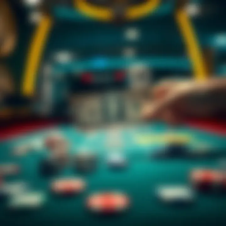 A hand placing a five dollar bill on a gambling table surrounded by dice and chips