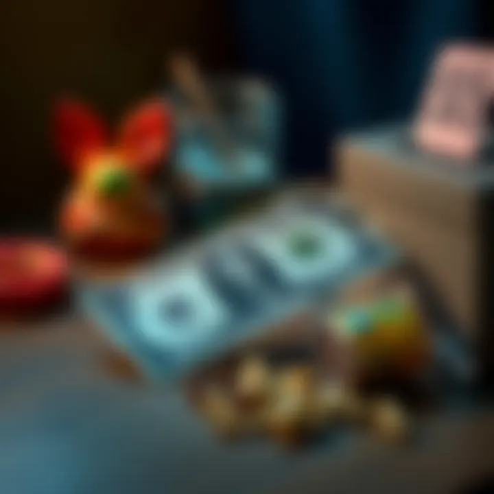 A five dollar bill on a table with small items like snacks and a donation box nearby