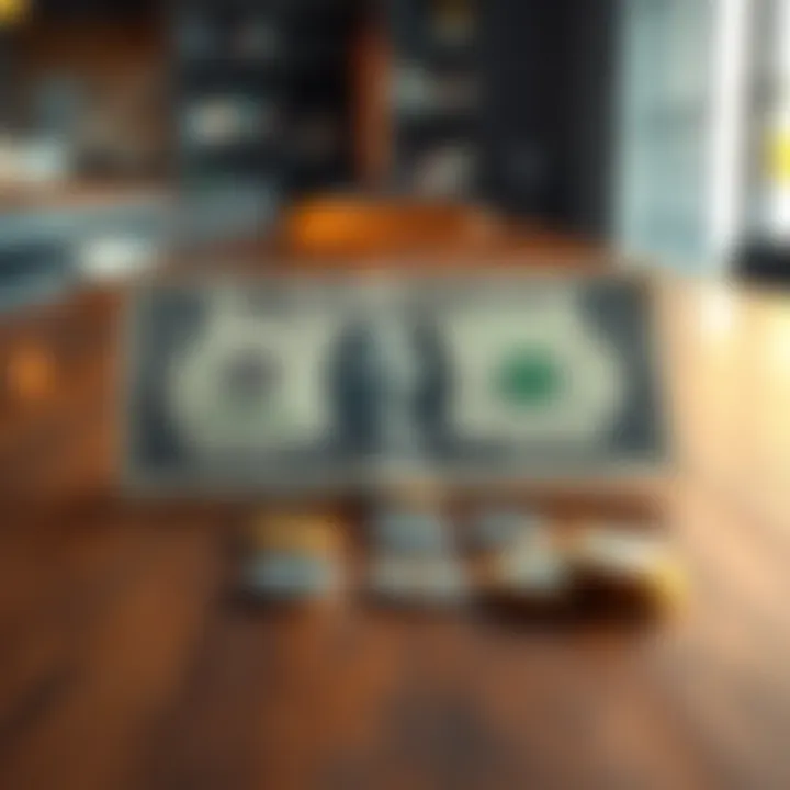 Five dollar bill on a table A five dollar bill placed on a wooden table with coins beside it