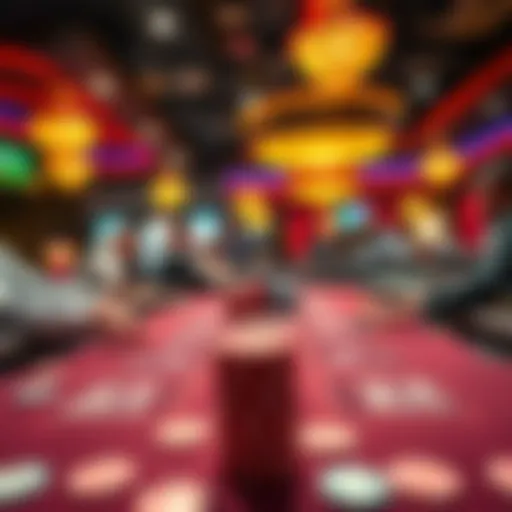 Five Dollar Casino Betting Table A bustling casino scene with a five dollar betting table, players engaged in the game, and colorful chips on the table.