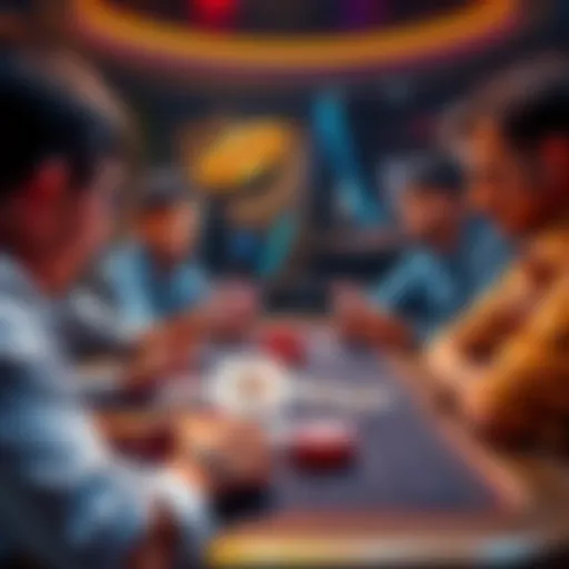 Players engaged in Five-O Poker, showing five hands of cards on the table with focused expressions and strategic discussions