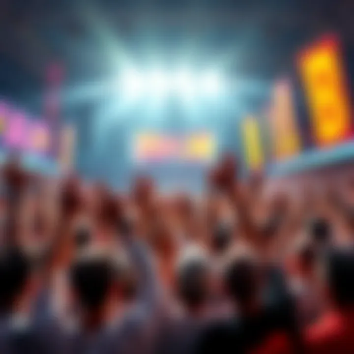 A group of excited fans cheering at a vibrant sports event featuring Fkn Ball Bro, with colorful banners and dynamic energy.