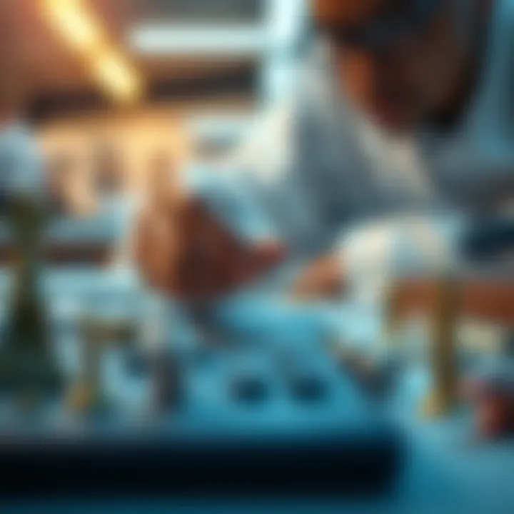 A close-up view of a person examining small objects on a table, symbolizing the importance of minute details for success.