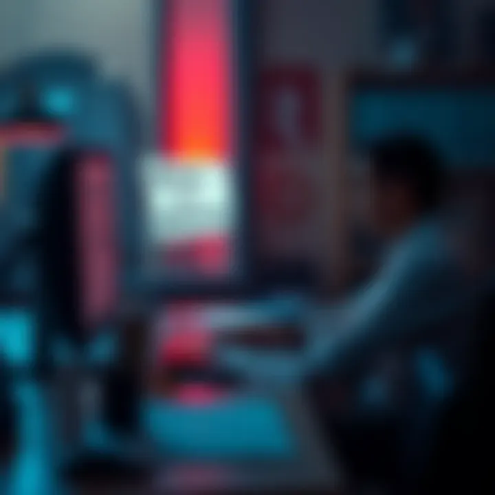 A person sitting at a desk, concentrating on their work while a computer screen displays a reminder about staying away from gambling.