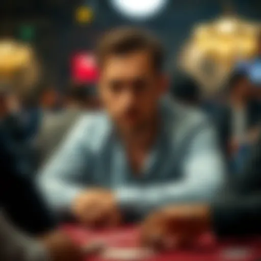 Focused poker player at a table A concentrated poker player with a serious expression, sitting at a table with cards and chips, surrounded by other players, showing the tension of the game.