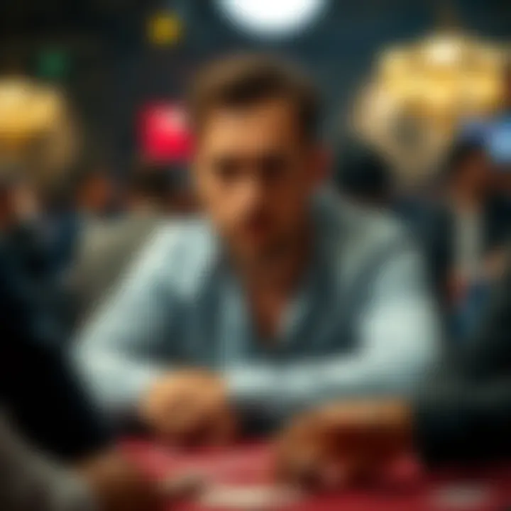 Focused poker player at a table A concentrated poker player with a serious expression, sitting at a table with cards and chips, surrounded by other players, showing the tension of the game.