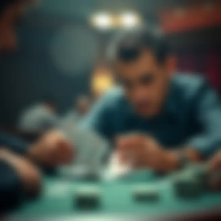 A focused poker player analyzing cards at a table, showing determination and concentration.
