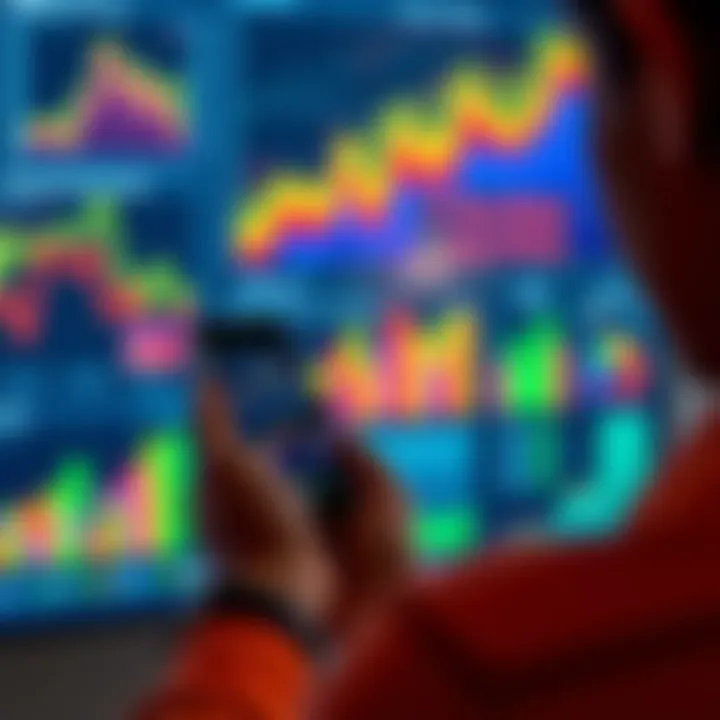 Following Trends A person holding a smartphone, looking at trending topics online, with colorful graphs and charts in the background