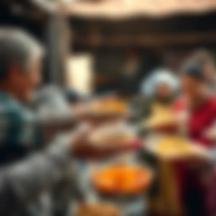 A person serves food to a group of smiling individuals in a community setting, highlighting generosity and kindness