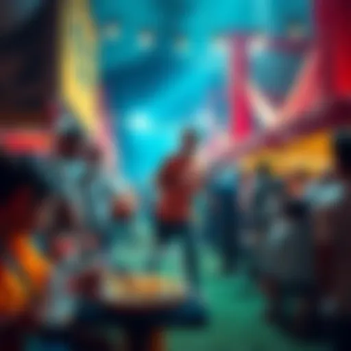 A vibrant scene of people enjoying food and playing various sports like basketball and soccer at a festival.