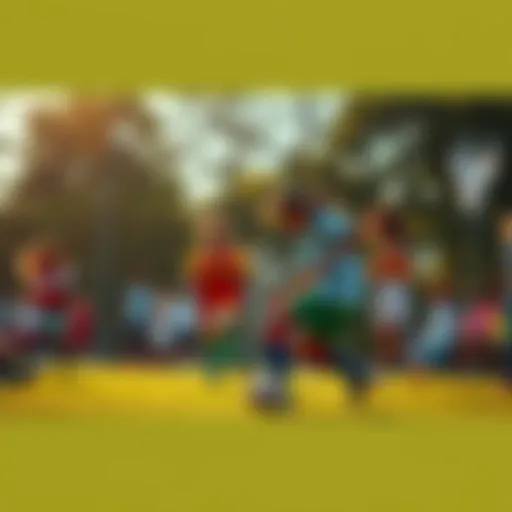 Group of people playing football in a park, having fun and enjoying the game