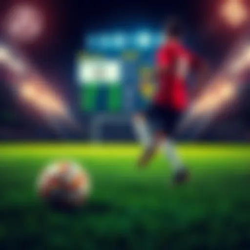 A soccer player preparing to kick a ball on a field with a scoreboard in the background, symbolizing betting excitement in Liga Um