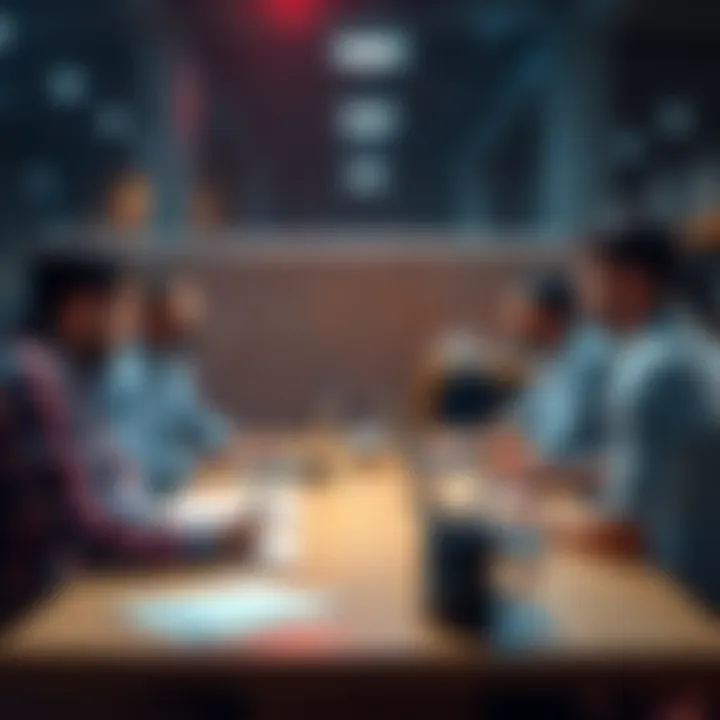 A group of people discussing football betting strategies around a table with laptops and notes