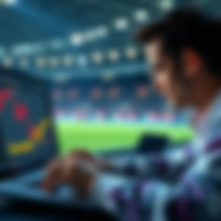 A person examining odds for football betting on a laptop, with graphs and numbers displayed on the screen.