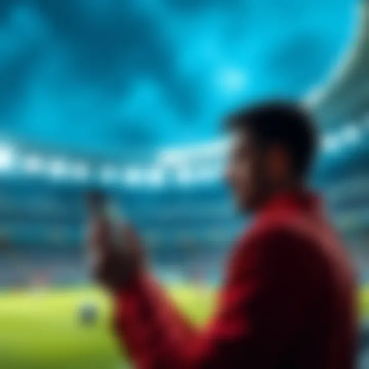 A person looking at a betting app on their phone before a football game, contemplating their decision, with a stadium in the background.