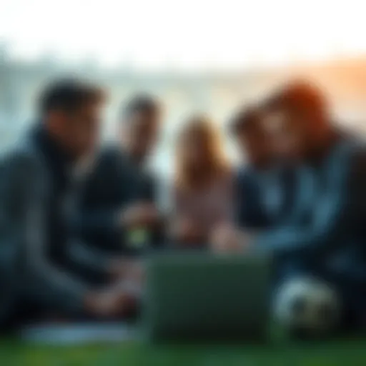 Football Betting Discussion A group of people discussing football betting tips with notes and a laptop in front of them.