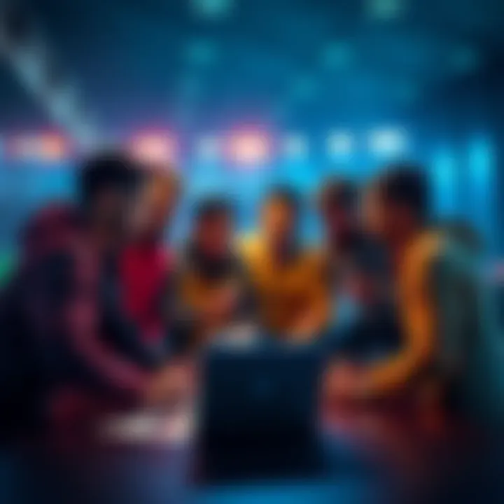 A group of people discussing football bets with a laptop and notes.