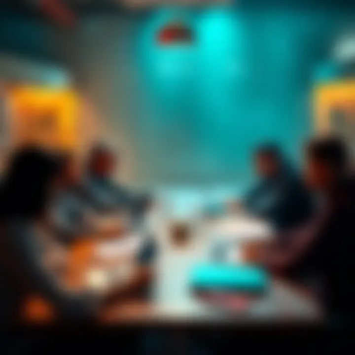 People discussing football betting tips and predictions at a table with laptops and notes