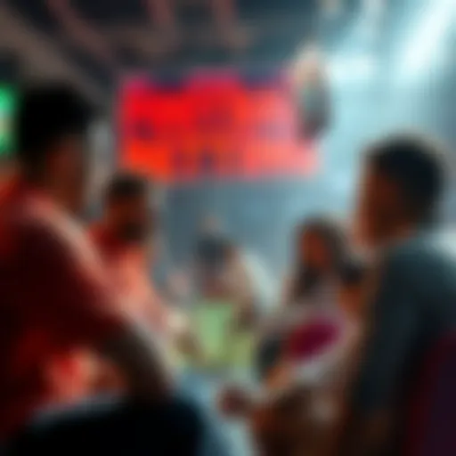 A group of people discussing football betting strategies in a lively atmosphere, with a focus on sports betting tips and predictions.