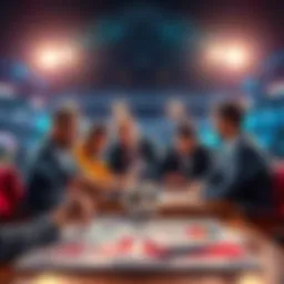 A group of people discussing football betting tips with charts and notes on a table