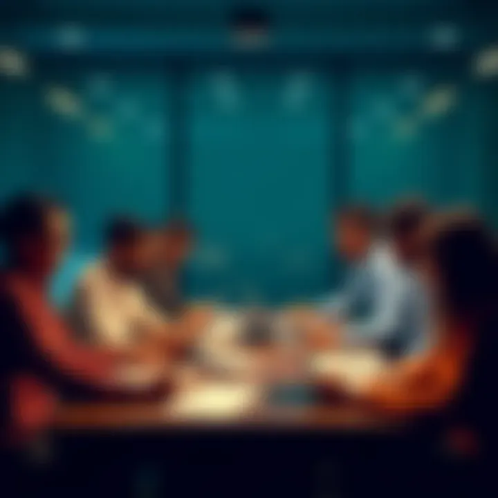 A group of people discussing football betting strategies at a table with notes and laptops.