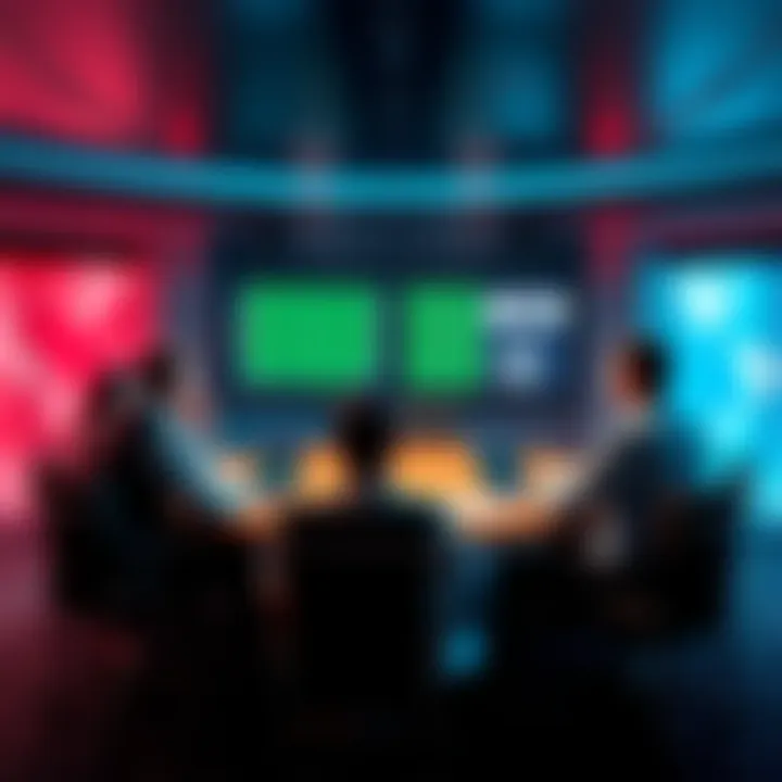 A group of people discussing football betting strategies at a round table with charts and predictions on the screen.