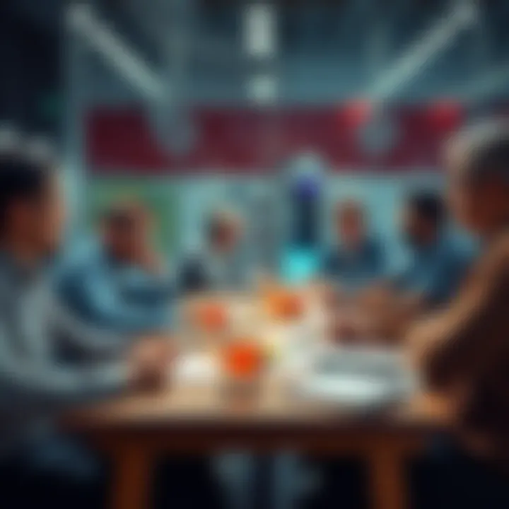 Football Betting Discussion A group of people discussing football betting strategies around a table with drinks and papers