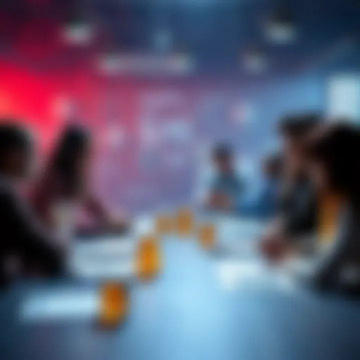 A group of people discussing football betting tips and strategies around a table with papers and drinks