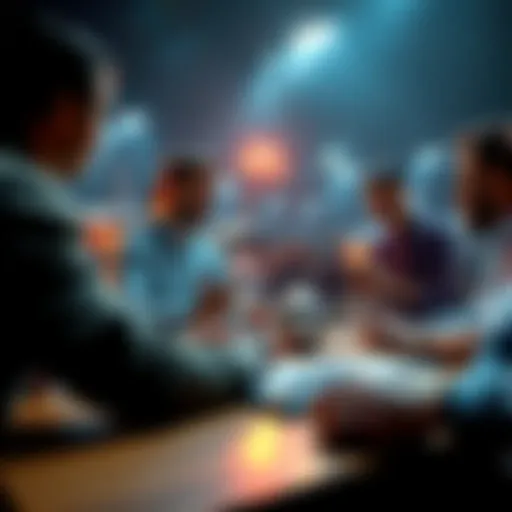 A group of people engaged in a heated discussion about football betting strategies at a table.