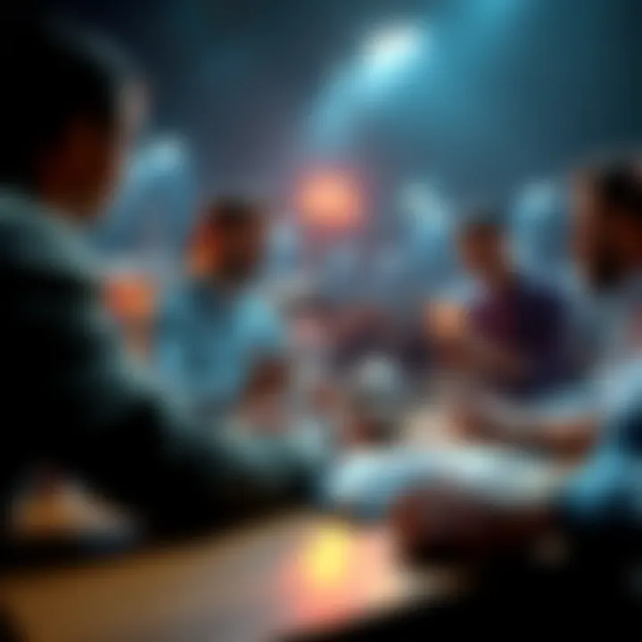 A group of people engaged in a heated discussion about football betting strategies at a table.