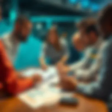 Group of people discussing football betting strategies with charts and notes on a table