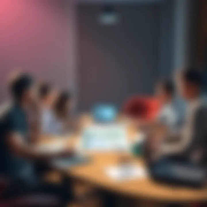 Group of people discussing football betting strategies around a table with charts and laptops