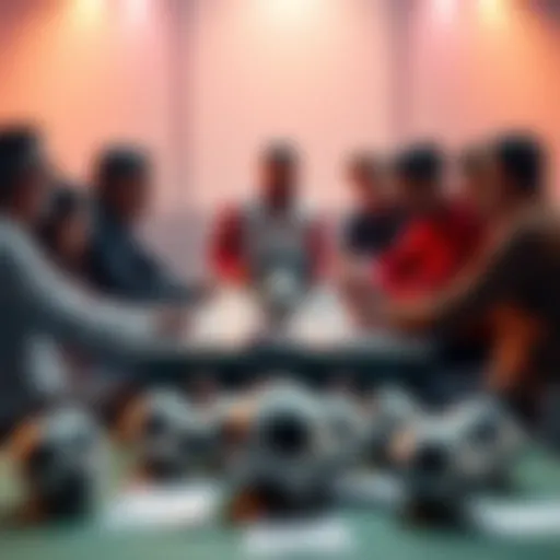 Group of people discussing football bets around a table with soccer balls and betting slips