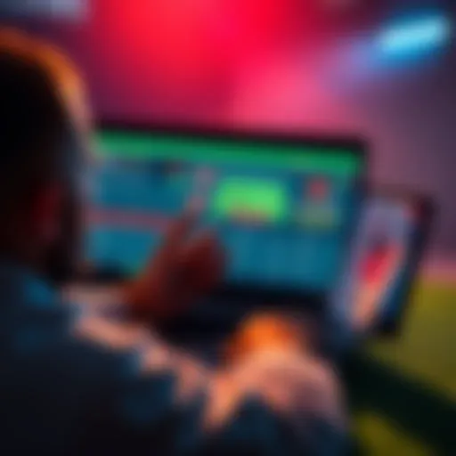A person analyzing sports betting on a laptop with football graphics and betting slips.