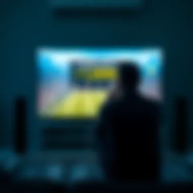 Football Betting Reflection A thoughtful person sitting in front of a football game on TV, considering the impact of waiting to place a bet, with a score and odds displayed on screen.