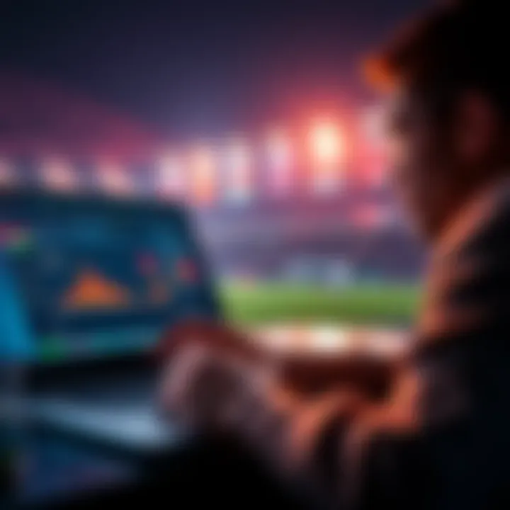 A person examining betting odds and football statistics on a laptop, showing potential financial gains from football betting